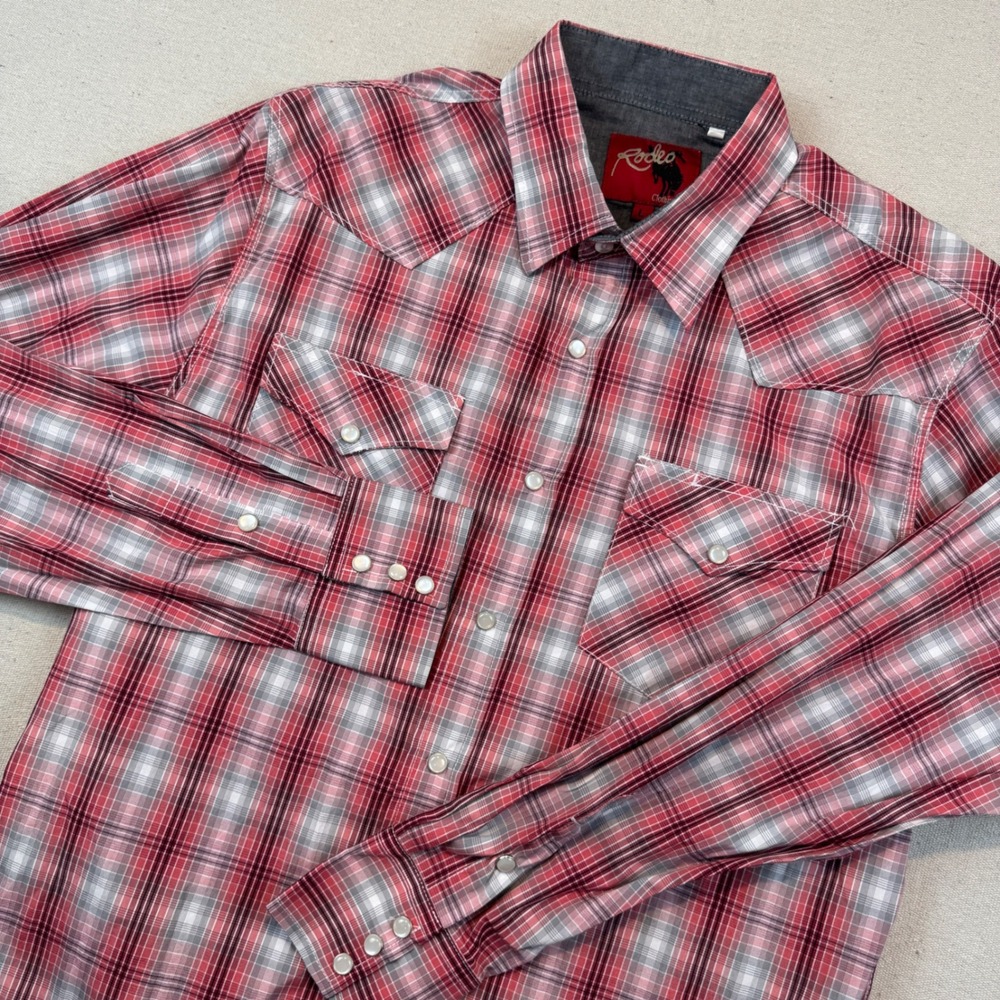 Rodeo Clothing Co Large Western Snap Shirt Mens Red Grey Plaid Pearl Snap